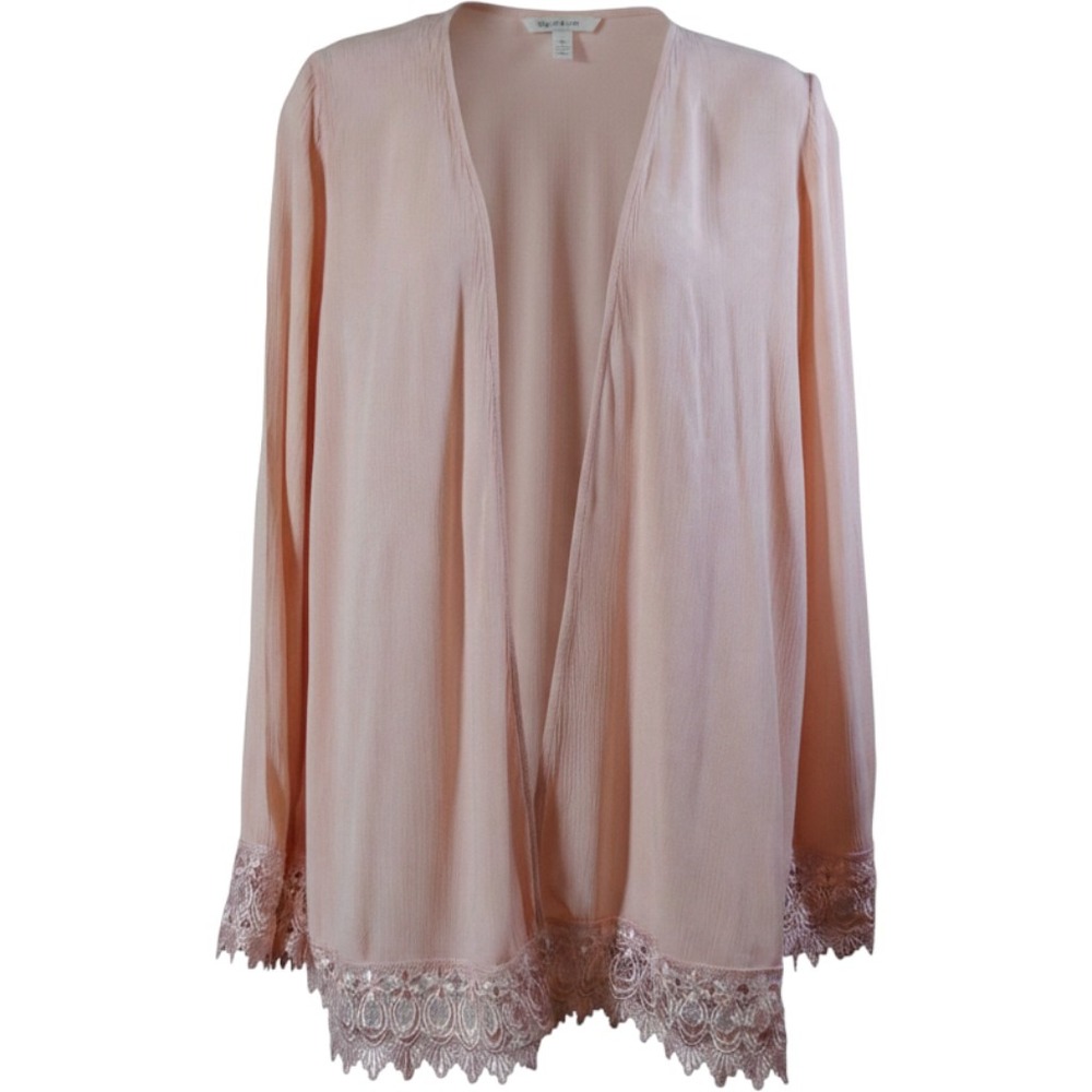 Shop The Trends Woman's Large Peach‎ Pink Lace Trim Open Front Kimono Cardigan